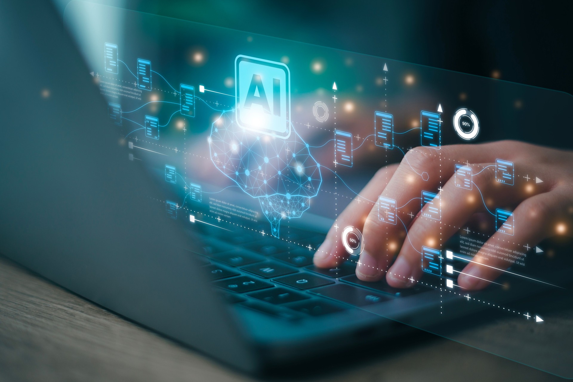 KI- oder KI-Konzept. Geschäftsmann, der Computer verwendet, verwendet KI, um Unternehmen zu helfen, und wird im täglichen Leben verwendet, Digitale Transformation, Internet der Dinge, Gehirn mit künstlicher Intelligenz, ChatGPT,