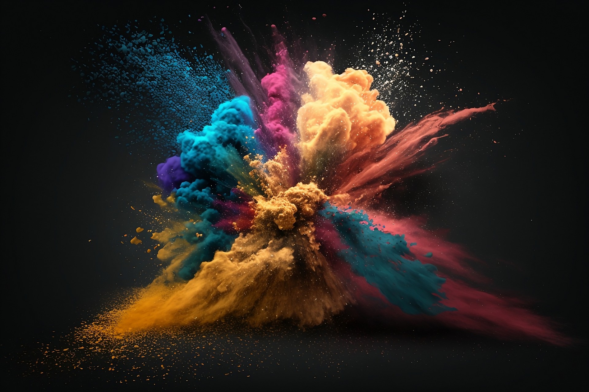 Explodierende Farben von Staub und Puder auf dunklem Hintergrund