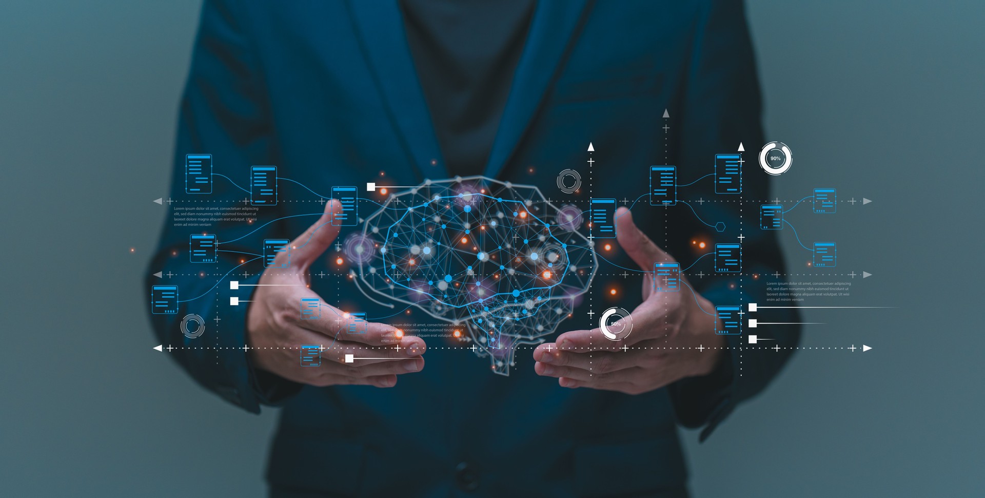 Big-Data- und Analytics-Visualisierungstechnologie mit Wissenschaftlern, die die Informationsstruktur auf einem virtuellen Bildschirm analysieren.